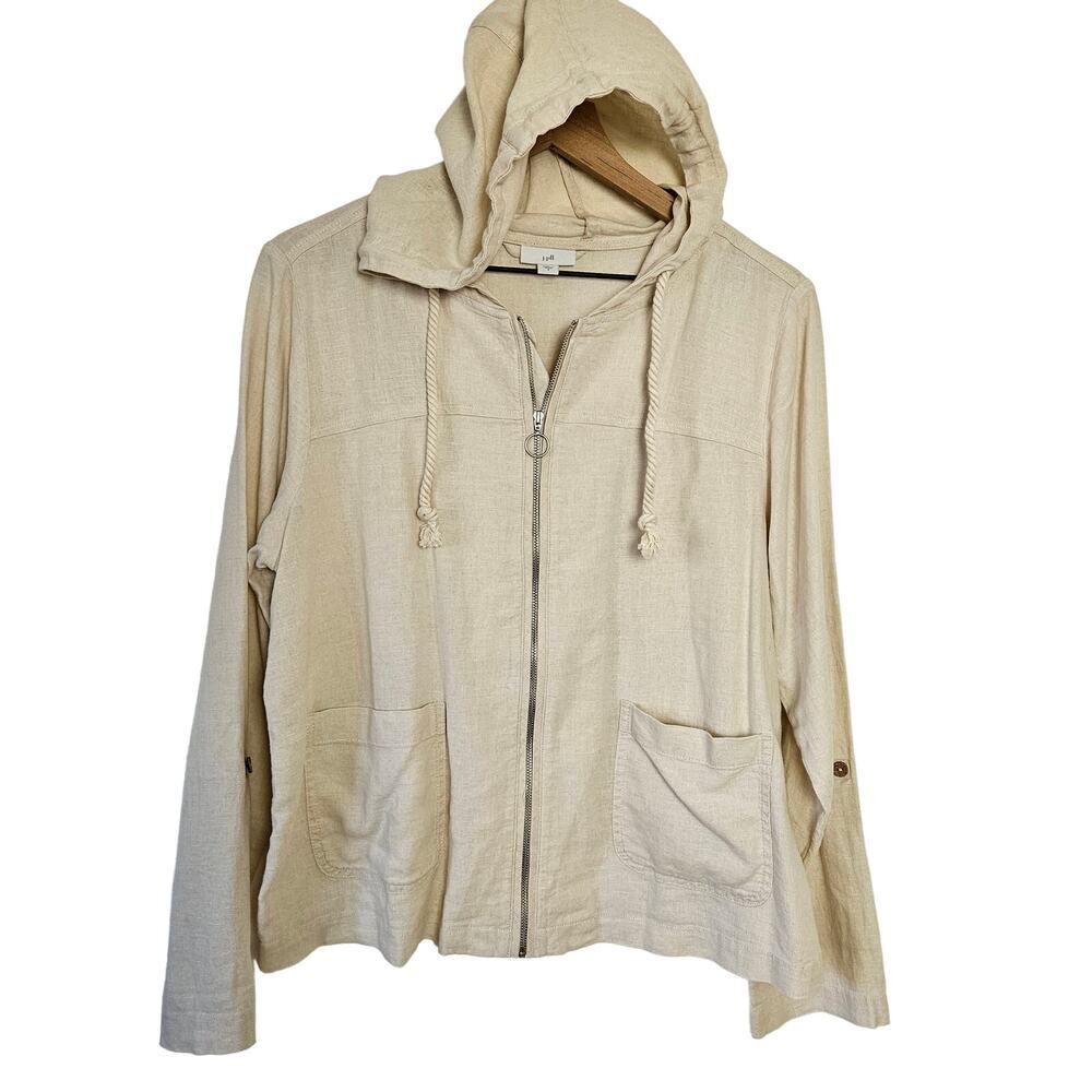 J.Jill Linen Zip Hooded Tab‎ Sleeve Jacket S Flax Ivory Spring Coat Fisherman